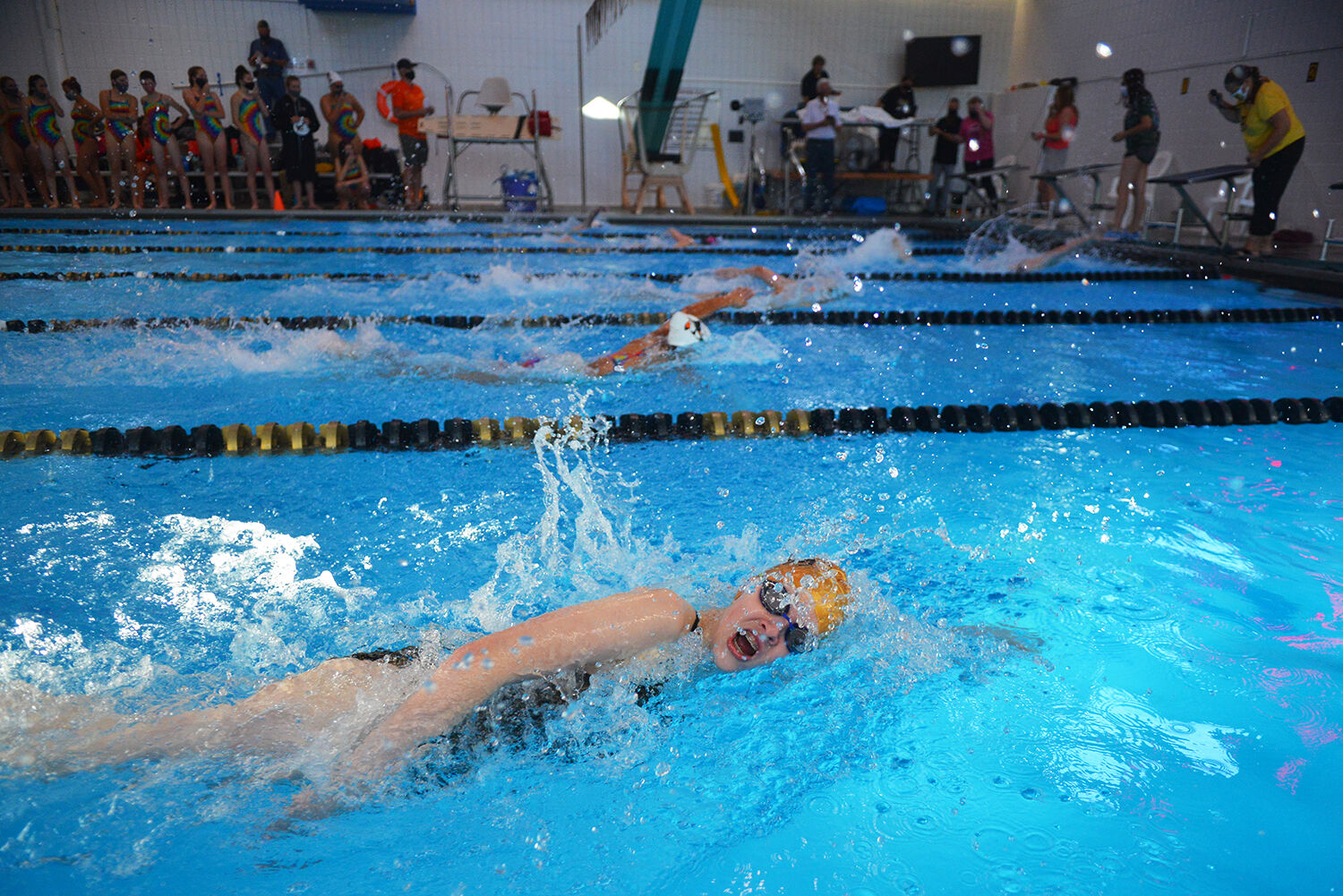 Sarah Johnson pushes through the final strokes
